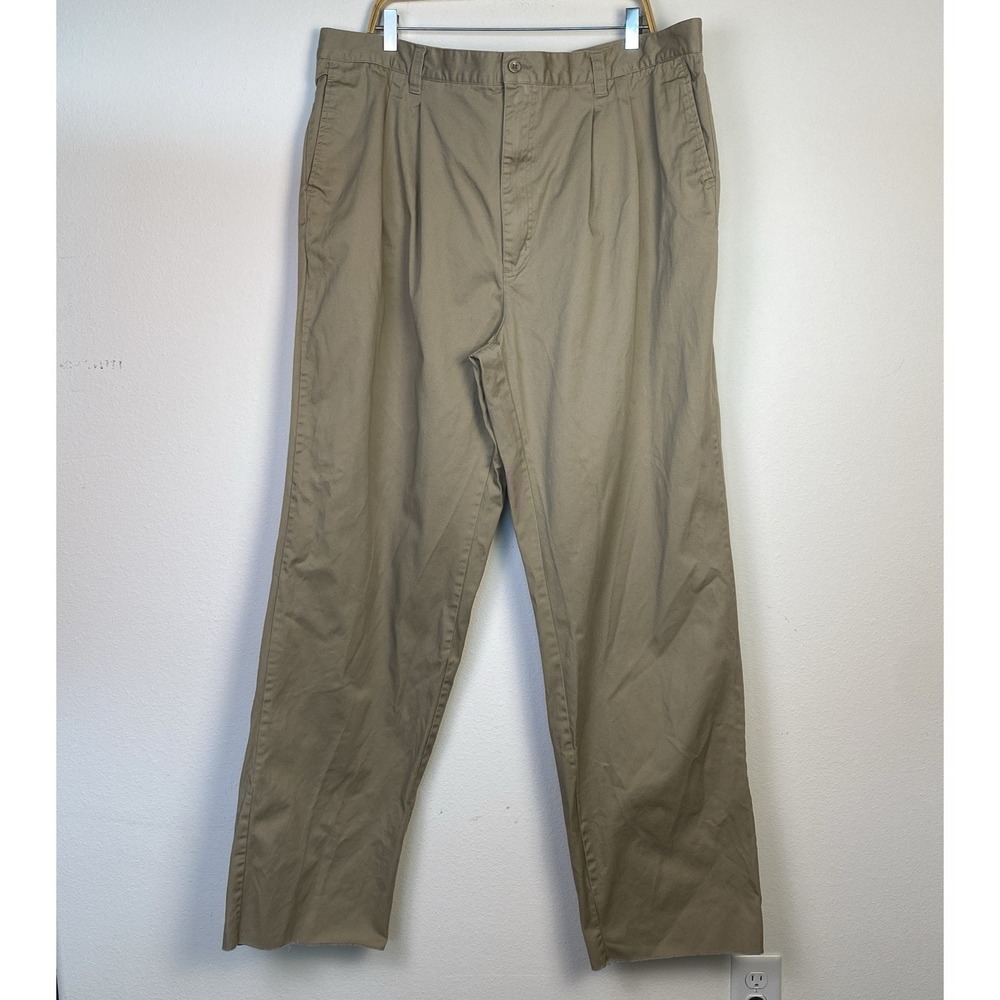 KingSize Pants Men Beige Brown 48x38 Cotton Pleated Straight Raw Hem Khaki Chino